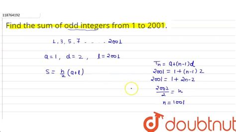 Find The Sum Of Odd Integers From 1 To 2001 Youtube