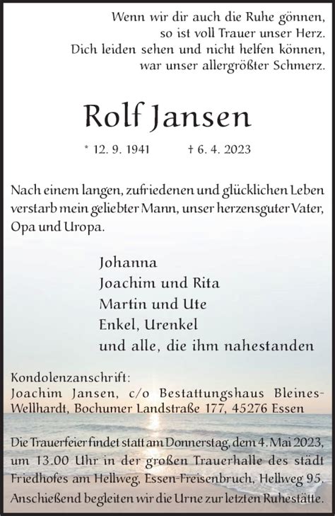 Traueranzeigen Von Rolf Jansen Trauer In Nrw De