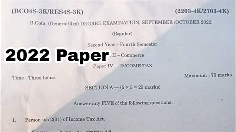 4th Sem Commerce Paper Income Tax 2022 Question Paper Bcom Degree 4th Sem Income Tax Paper 2022