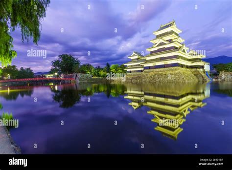 Night view of the Matsumoto Castle (or Crow Castle) and bridge, in ...