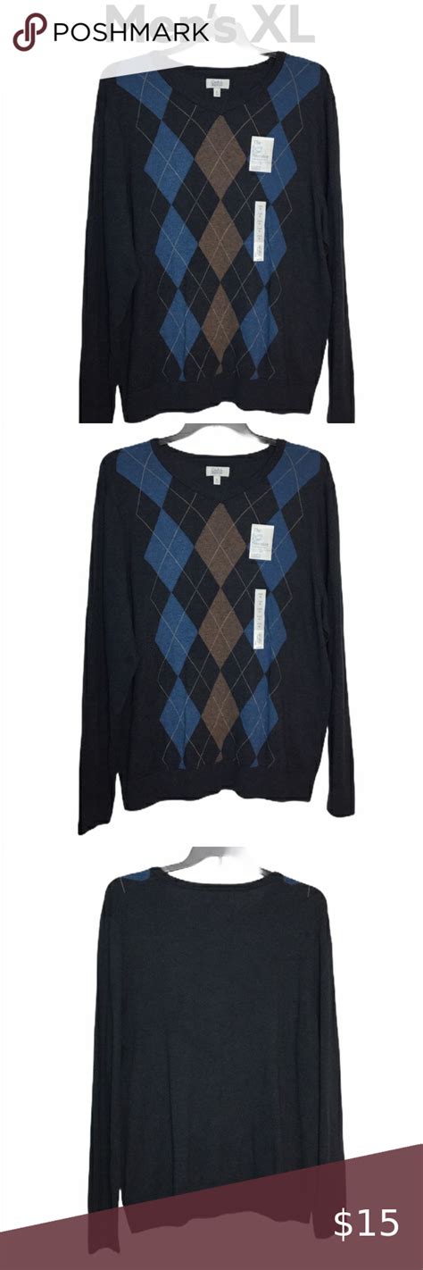 Croft And Barrow V Neck Sweater Xl Argyle Black Blue Vneck Sweater