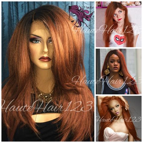 Realistic Human Hair Blend Auburn Ombre Rooted Lace Front Wig