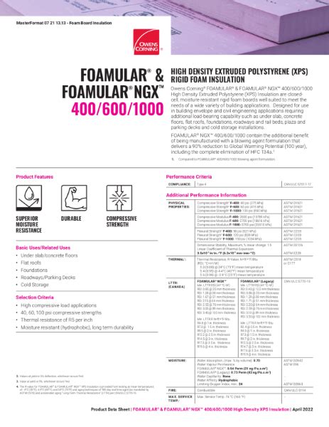 Foamular Xps 400 600 1000 Insulation Data Sheet Owens Corning Nbs Source