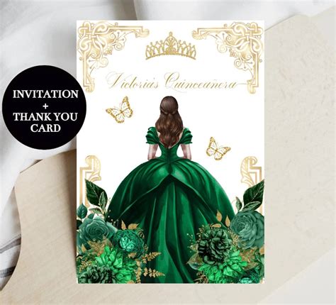 Quinceañera Invitation Emerald Green Gold Princess Butterfly DIY