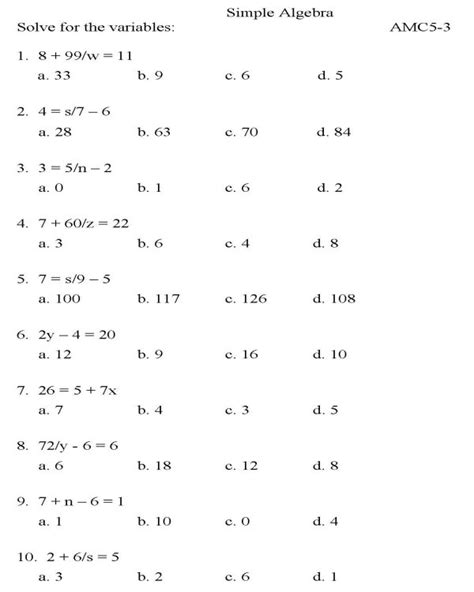 Free Printable College Algebra Worksheets