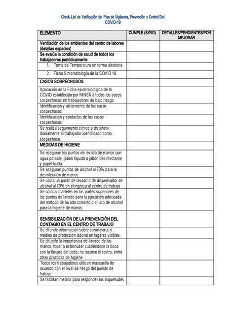 Check List De Verificación Control Y Prevención Covid 19 Pdf Lavado