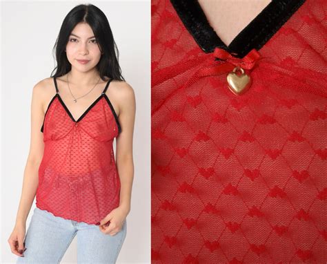 Sheer Red Cami Top 90s Lace Lingerie Camisole Heart Print Empire Waist Ribbon Bow Charm Romantic