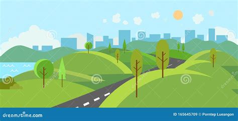 Public Park With River And Road To Cityvector Illustrationcartoon