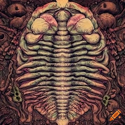 Vintage Surreal Intricate Study Of Distorted Trilobite Skeleton With