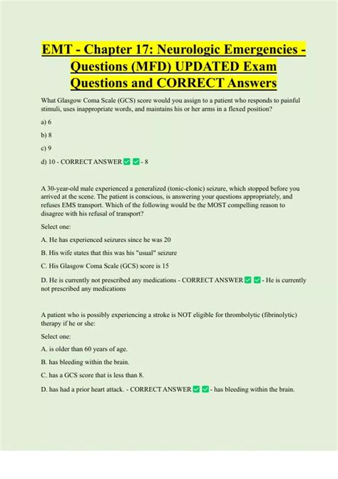EMT - Chapter 17: Neurologic Emergencies - Questions (MFD) UPDATED Exam