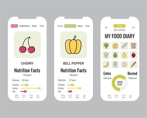 Calorie Counter And Food Diary Mobile App Interface Unique Design Vector Templates Set Material