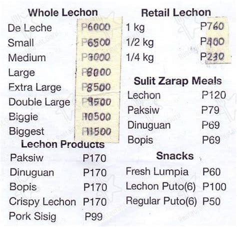 Menu at ElarZ Pambansang Lechon restaurant, Quezon City, 71 Xavierville Ave