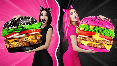 ONE COLOR FOOD CHALLENGE Eating Only PINK FOOD Vs BLACK FOOD All Day