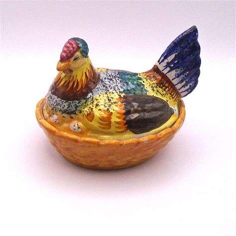 Vintage Italian Colorful Ceramic Rooster Sitting On Nest Dish Etsy