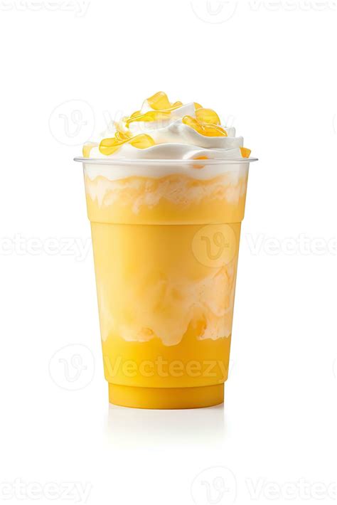 Mango Smoothie Milkshake In Plastic Takeaway Cup Isolated On White