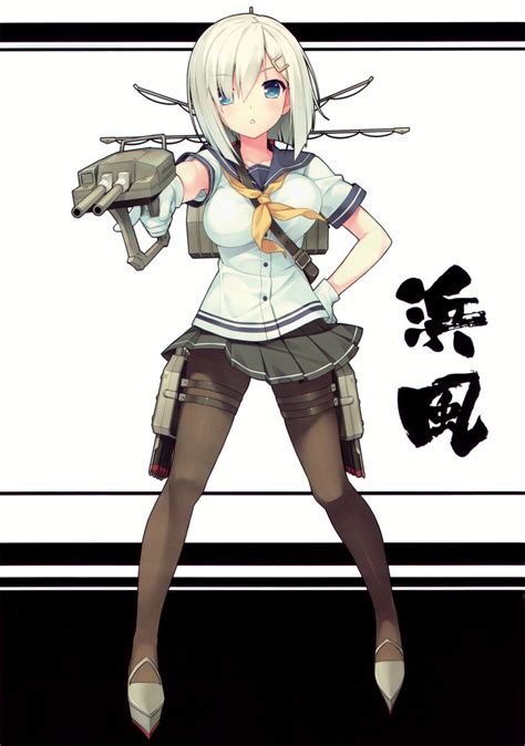 Safebooru 1girl 0 Absurdres Black Legwear Blue Eyes Breasts Cannon Gloves Grey Hair Hair