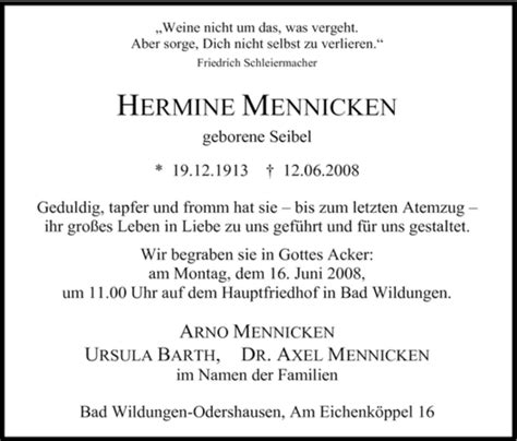 Traueranzeigen Von Hermine Mennicken Trauer Hna De