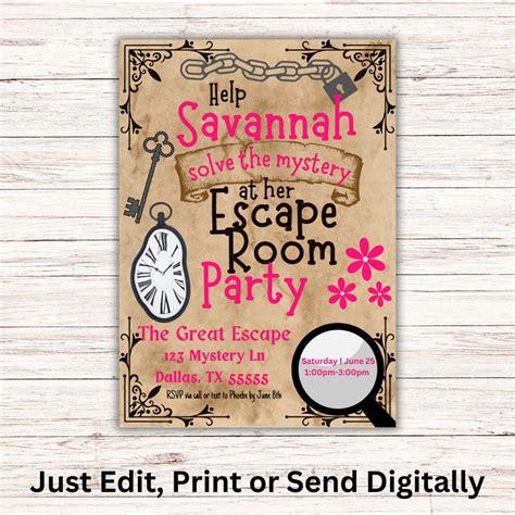 Escape Room Birthday Invitation Customizable Invite Editable Printable Escape Room Party