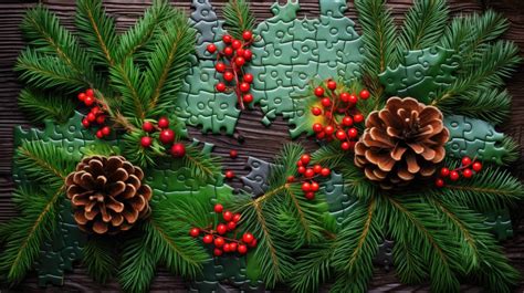 An artistic arrangement of a Christmas-themed jigsaw puzzle, partially ...