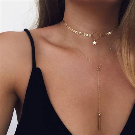 Mira Layered Star Choker Necklace With Square Bar Drop Mybodiart