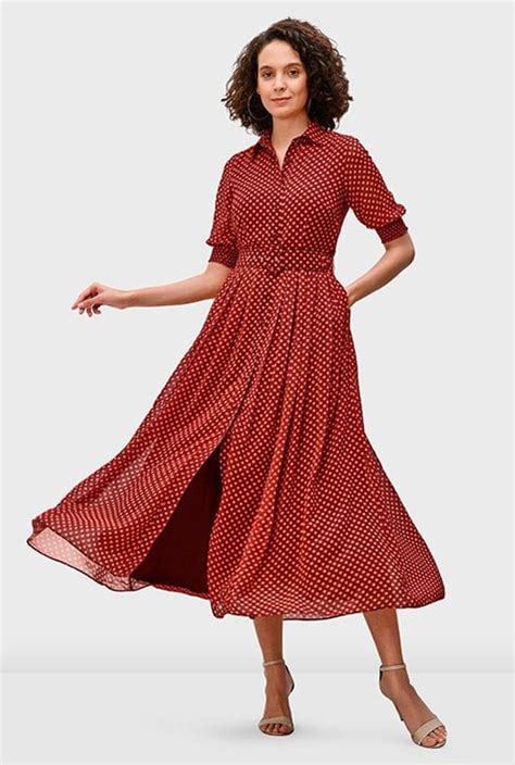 Shop Polka Dot Print Georgette Belted Shirtdress Eshakti