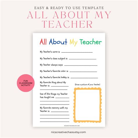 All About My Teacher Classroom Printable Template Homeschool Activity