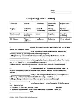 Ap Psychology Unit Learning Quiz Worksheet By Oasis Edtech Tpt