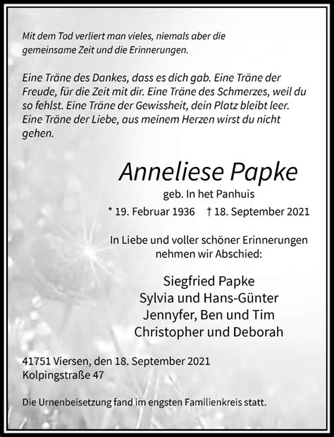 Alle Traueranzeigen F R Anneliese Papke Trauer Rp Online De