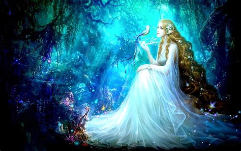 Hd Wallpaper Fantasy Elf Bird Blue Eyes Forest Girl Long Hair Pointed Ears Wallpaper Flare