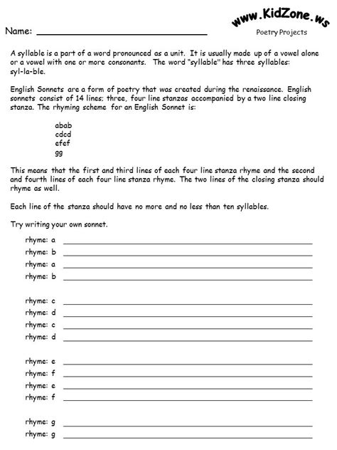 Kidzone Poetry Activity Worksheets Poetry Activities Lyric Poem