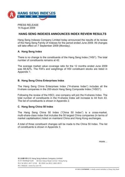 Hang Seng Indexes Announces Index Review Results