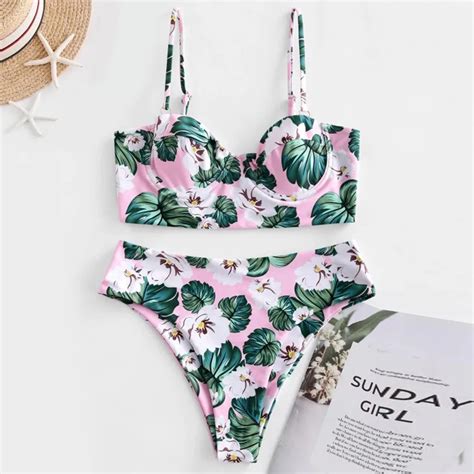 Exquisite Women Sexy Bikini Set Flower Print High Cut V Neck Push Up Padded Swimwear Two Pieces