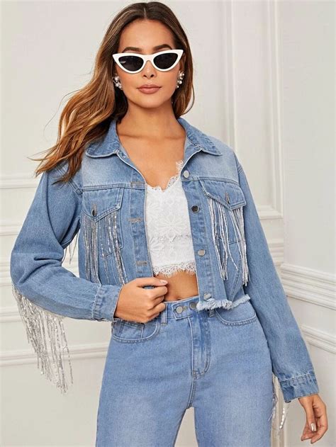 Contrast Sequin Fringe Detail Raw Hem Denim Jacket Shein Usa Fashion News Boho Fashion