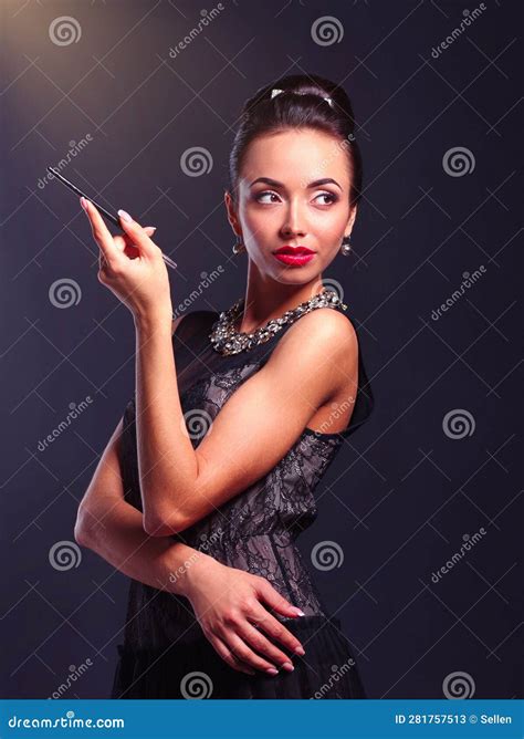 Retro Woman Portrait Standing On The Black Background Stock Image Image Of Brunette Sepia