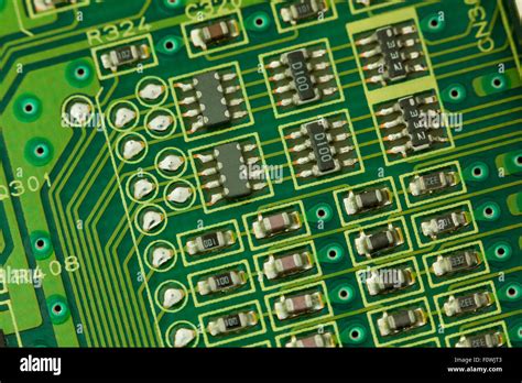 Circuit Board Components Closeup Showing Conductive Traces Micro Ic