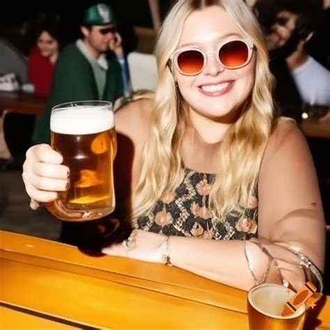 Smiling Chubby Blonde With Sunglasses At Picnic Table Holding Beer On Craiyon