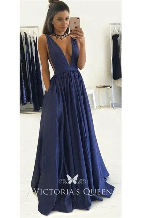 Sleeveless Plunging Navy Satin Sexy Formal Prom Dress Vq