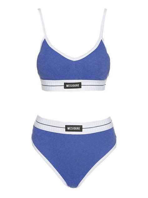 Emmiol Free Shipping Logo Patch Contrast Bikini Set Navy Blue S In