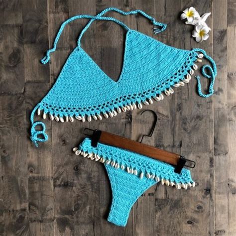 Crochet Bikini Set Shell Tassels Bikini Brazilian Crochet Swimsuit Women Halter Swimwear Strappy