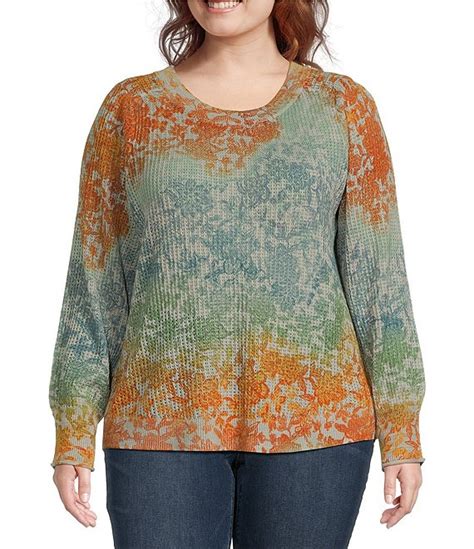 Democracy Plus Size Printed Crew Neck Long Puff Sleeve Sweater Dillards