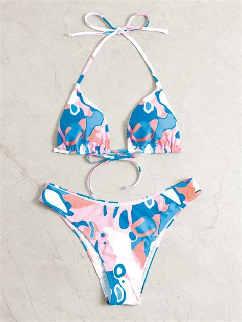 Shein Swim Vcay Allover Print Bikini Set Halter Triangle Bra Bikini