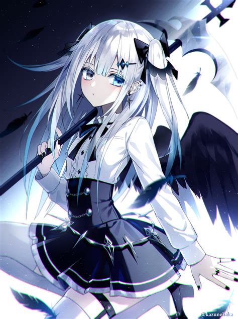 Safebooru 1girl Angel Wings Black Feathers Black Nails Black Neckwear