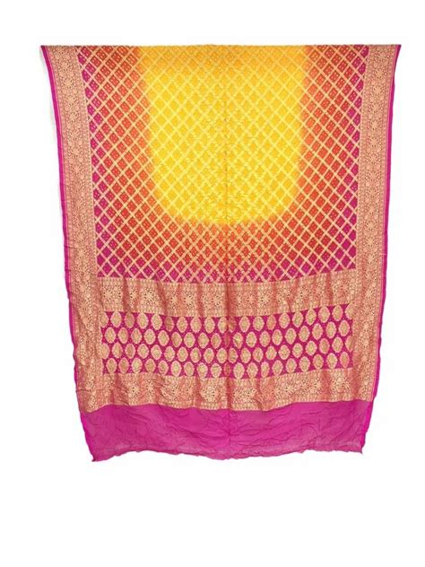 Bandhani Dupatta Golden And Pink Color Janglow Design Banarasi