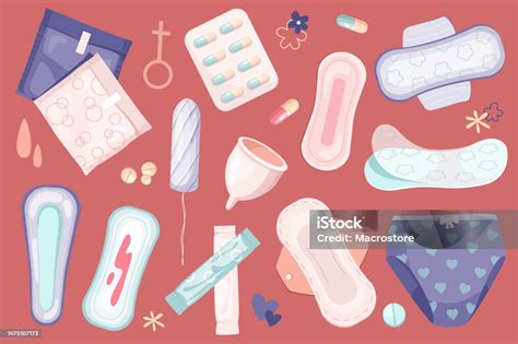 Wanita Periode Mengatur Elemen Grafis Dalam Desain Datar Bundel Tampon