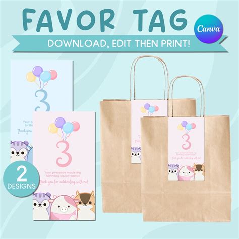 Squishmallows Party Favor Tag Printable Squishmallows Birthday Favor