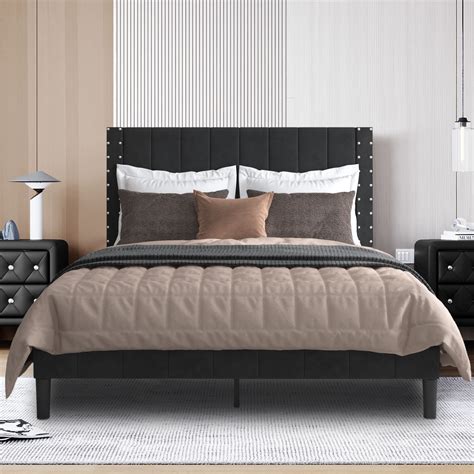 uhomepro Gray Queen Bed Frame, Modern Fabric Upholstered Platform Bed ...