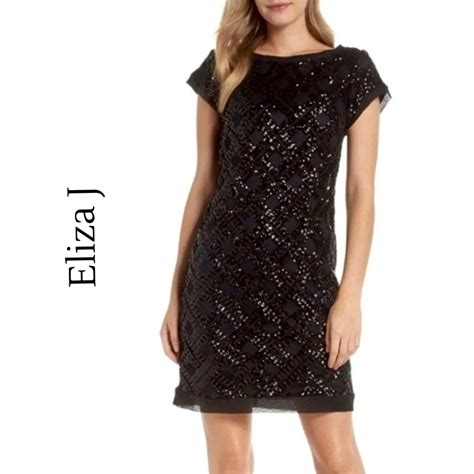 Eliza J Sequin Sheath Cap Sleeve Black Dress Gem