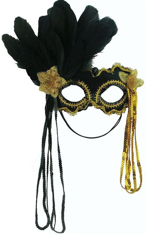 Black And Gold Satin Masquerade Mask Feather Plume And Sequins