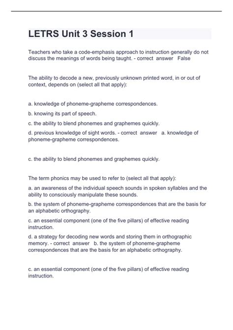 LETRS Unit 3 Session 1 Question and answers 2023/2024 verified to pass ...