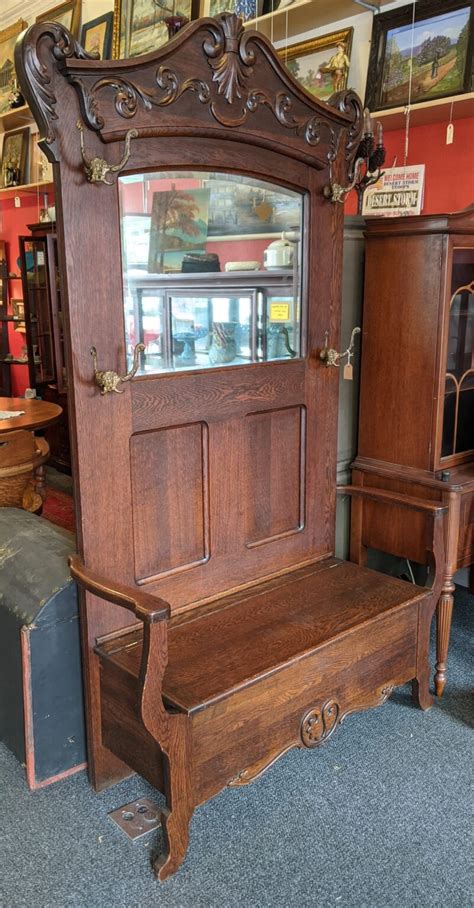 Antique Oak Entryway Hall Bench Early 1900s Scroll Work Coat Hat